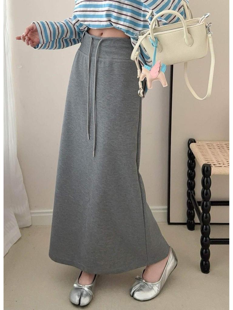 Korean High-Waisted Drawstring Midi Skirt for Women, Early Spring Casual Slimming Fit
