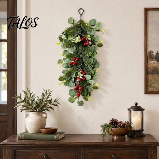 Rustic Christmas Wall Decor Teardrop Swag, Artificial Holly Leaves Swag Wreath with Pinecones Fireplace Mantle Berries for Front Door, Cabinet, Wall,