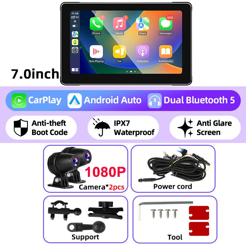 7" Motorcycle 2K DVR Wireless Carplay Android Auto Portable Screen GPS Navigation IPX7 Waterproof Monitor Dash Cam Bluetooth