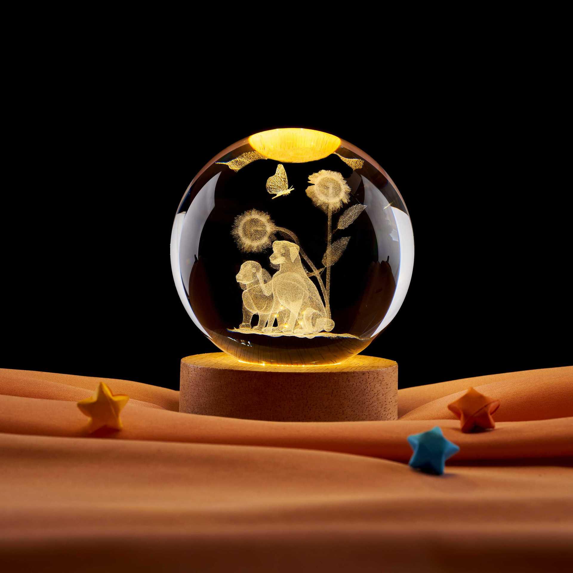 Sunflower Dog Crystal Music Box: 3D Stereo Laser Engraving with Warm Night Light
