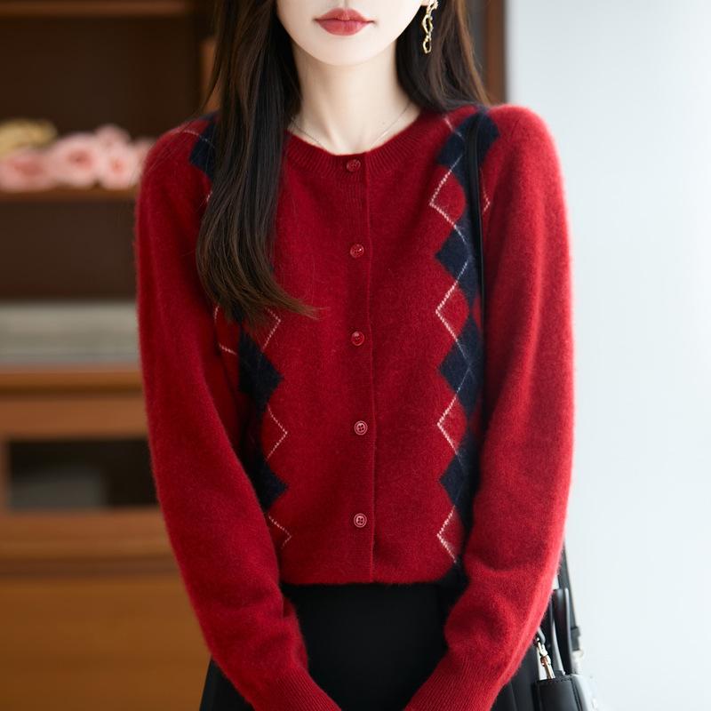 Rhombus Inlaid Button-Down Wool Knitted Cardigan