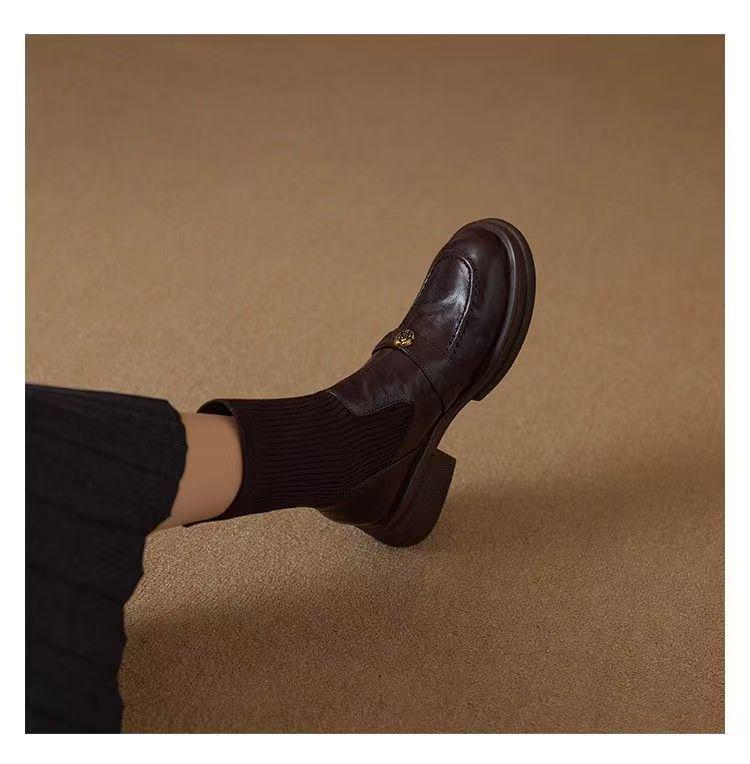 Women's Soft Leather Knit Sock Ankle Boots with Round Toe and Thick Sole, Plus Velvet Lining