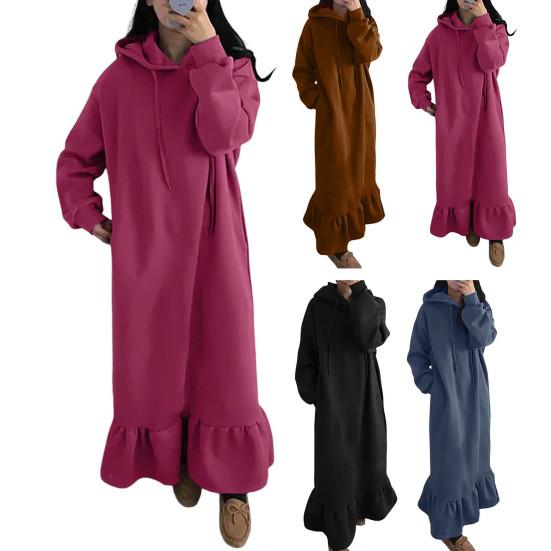 Abito maxi felpa da donna con cappuccio in pile tinta unita vestito estivo ampio autunno inverno volant abito lungo con cappuccio streetwear