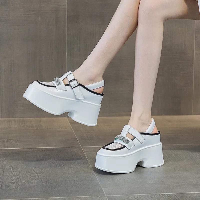 Fashion 11cm New Women's Genuine Leather Sandals Height Increasing Wedges Net Yarn Roman Style Hole Shoes Square Head Cool Trendy