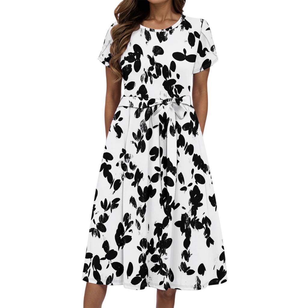 Women's Summer Fashion Round Neck Casual Plant Floral Print Short Sleeve Dress