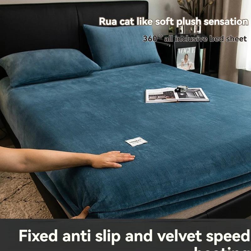 Yumuşak Sıcak Peluş Fitted Sheet Elastik Yatak Örtüsü Kabarık Mercan Polar Yatak Örtüsü Kış Çift Lüks Çift Kişilik Yatak Örtüsü