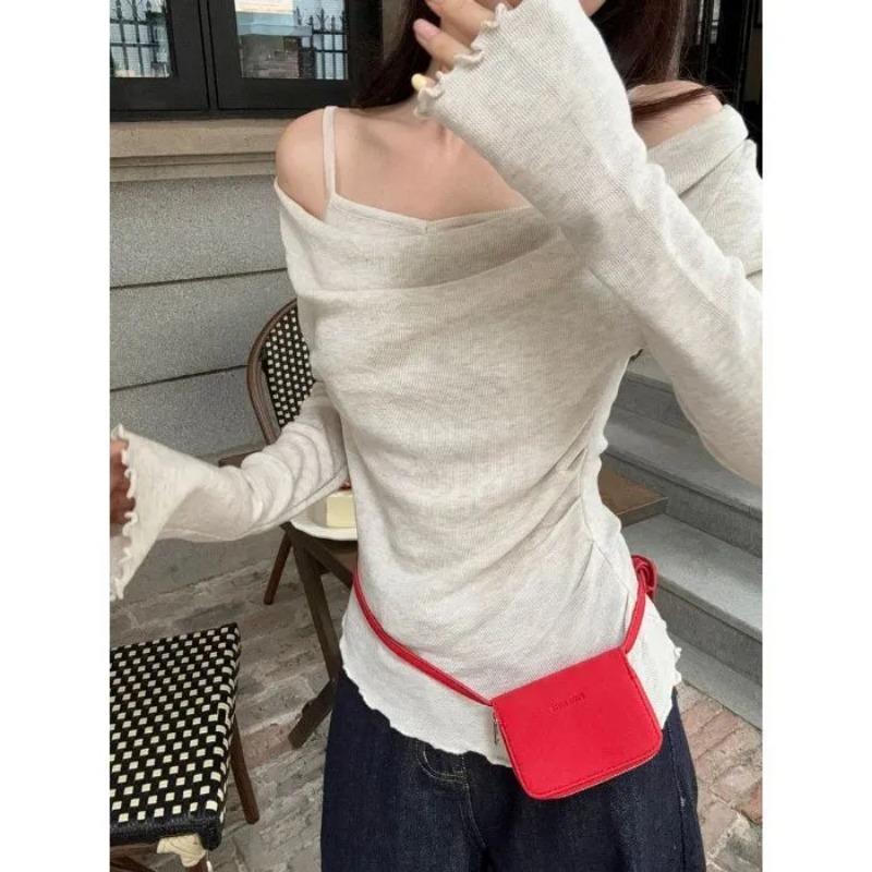 Pure Lust Style Sweet Fake Two-piece One-shoulder Bottoming Shirt for Women Autumn New Slim Fit Design Off-shoulder Top