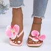Sommer Damen Flip-Flop Sandalen Orchideenblüte Strandurlaub Flach Bequem Quadratische Zehenpartie Lässig zum Hineinschlüpfen Flache Sandalen