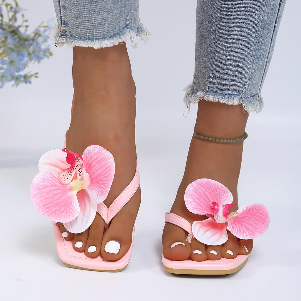 Sommer Damen Flip-Flop Sandalen Orchideenblüte Strandurlaub Flach Bequem Quadratische Zehenpartie Lässig zum Hineinschlüpfen Flache Sandalen