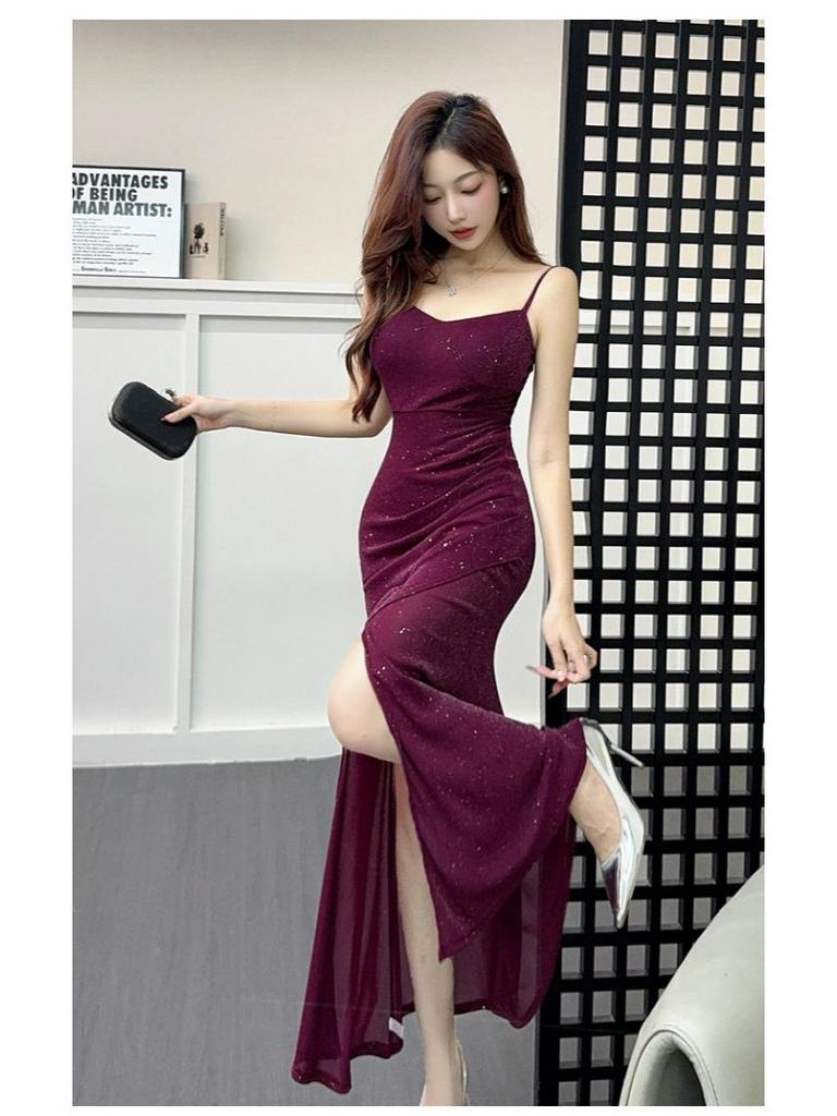 High-End Celebrity Mesh Spaghetti Strap Bodycon Dress with Slit