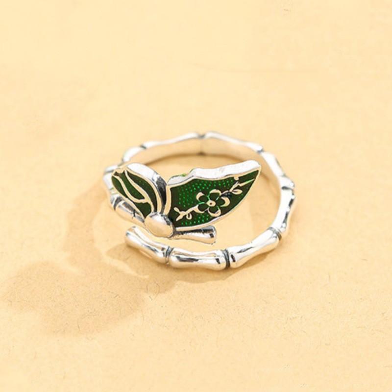 Adjustable Vintage Enamel Bamboo Leaf Butterfly Ring Women Men Minimalist Boho Statement Finger