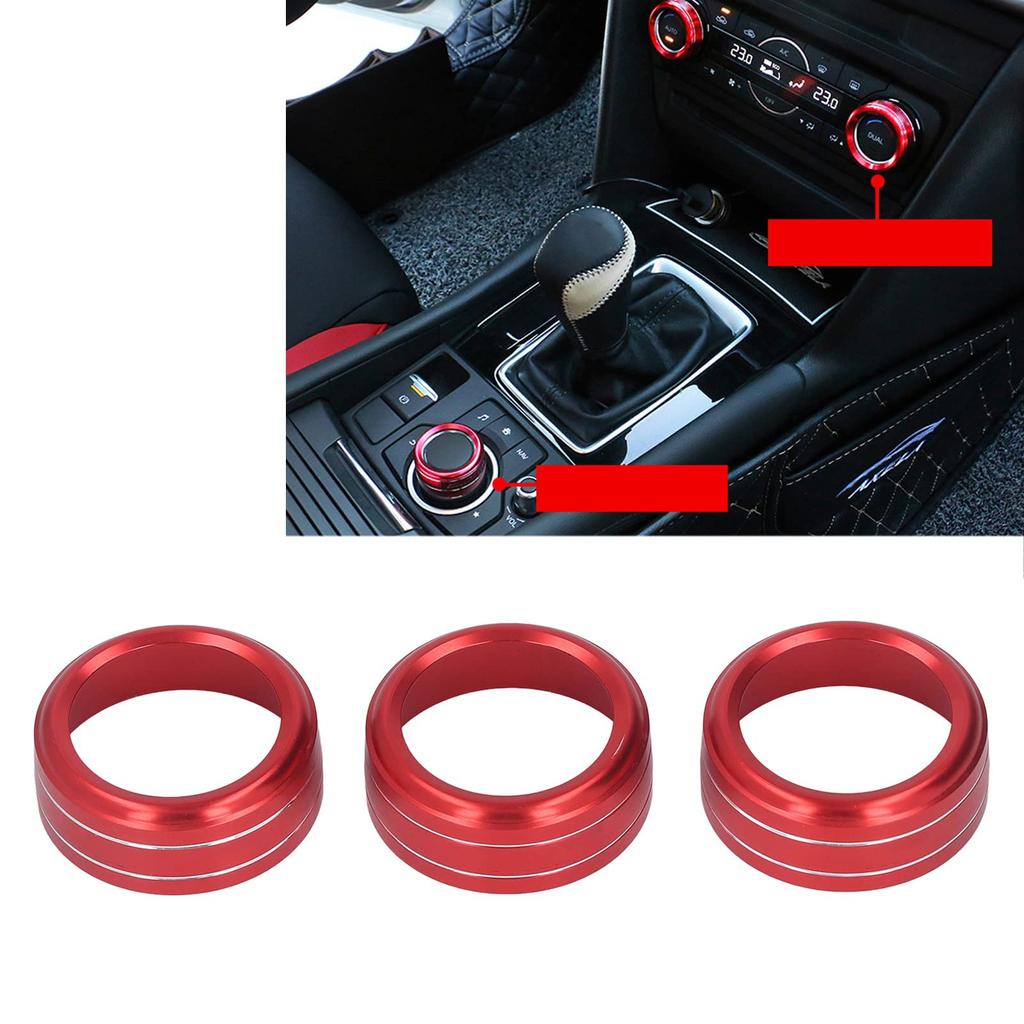 3pcs AC Switch Knob Ring KIMISS Aluminum Alloy Air Conditioner Switch Cover Trim Red Center Console Interior Accessories for Mazda 3 6 Axela CX-5