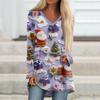Ladies' Fashionable Casual Christmas Printed T-shirt Long Sleeved V-neck Mid Length Top