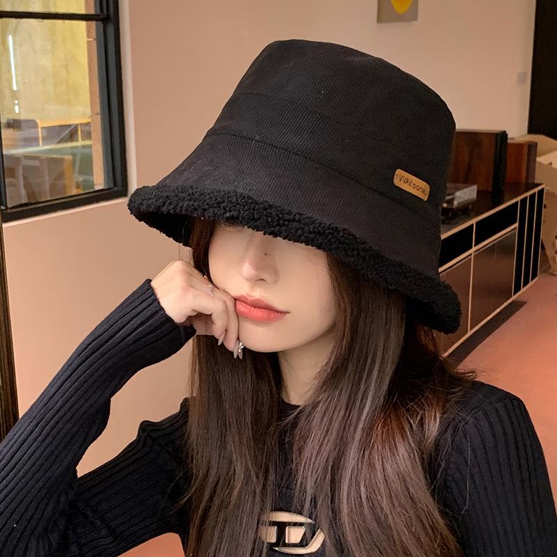 Plush bucket hat winter plush thickened warm hat women's big head circumference thin white fashion versatile bucket hat