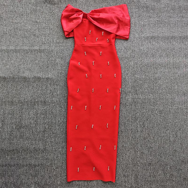 European & American Off-Shoulder Luxury Studded Bandage Evening Dress