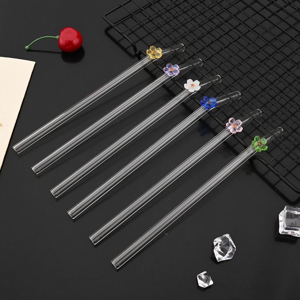 6Pcs Flower Drinking Straw Set High Borosilicate Glass Bent Straws Set with Brush Milk Shake Coffee Cocktail Straw Bar Drinkware
