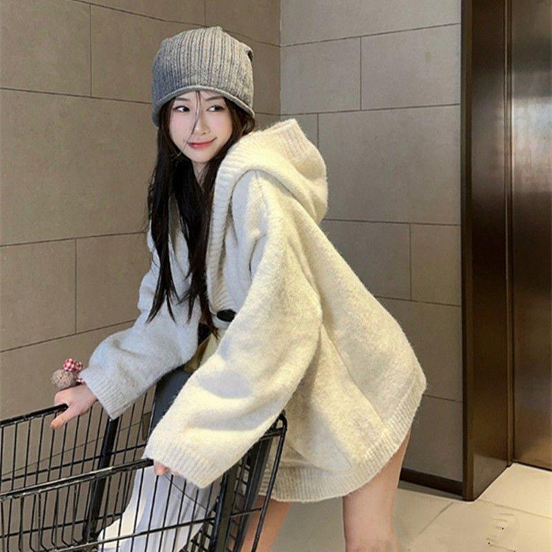 

Cozy Knit Hooded Sweater Cardigan - Women s Autumn/Winter Korean Style M (95-110 Jin) кремовый/миндальный
