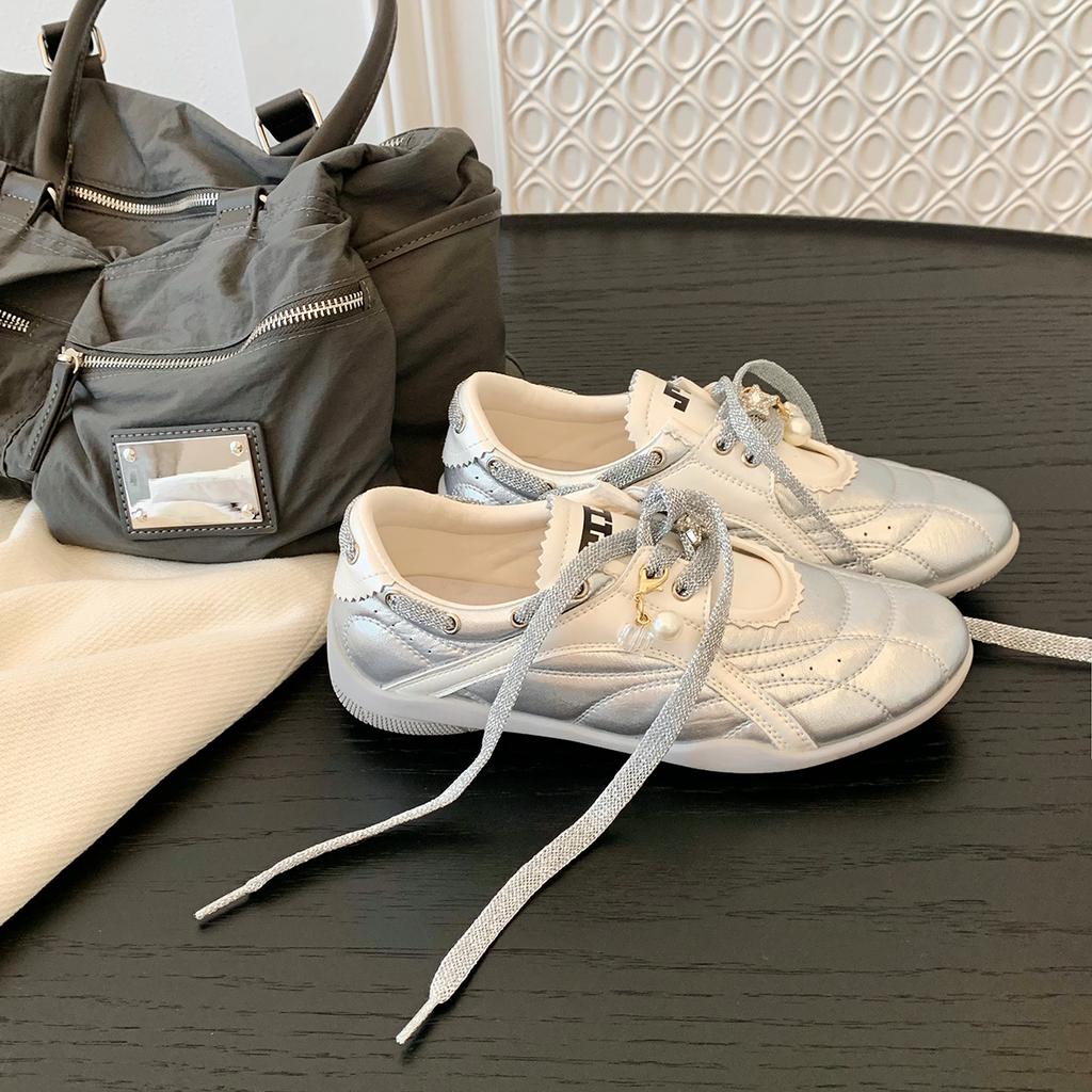 Grape Mother Same Pearl Lace-up Round Head Color Matching Casual Shoes Forrest Gump Board Shoes Femininity Versatile Soft-soled German Training Shoes