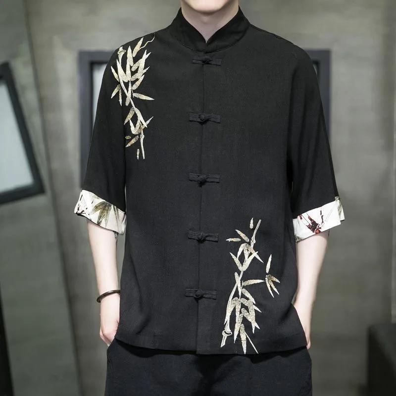 Men's Short Sleeve Shirt Chinese Style Men Mandarin Duck Button Embroidery Tops Summer Loose Plus Size Casual Shirt Men Hanfu