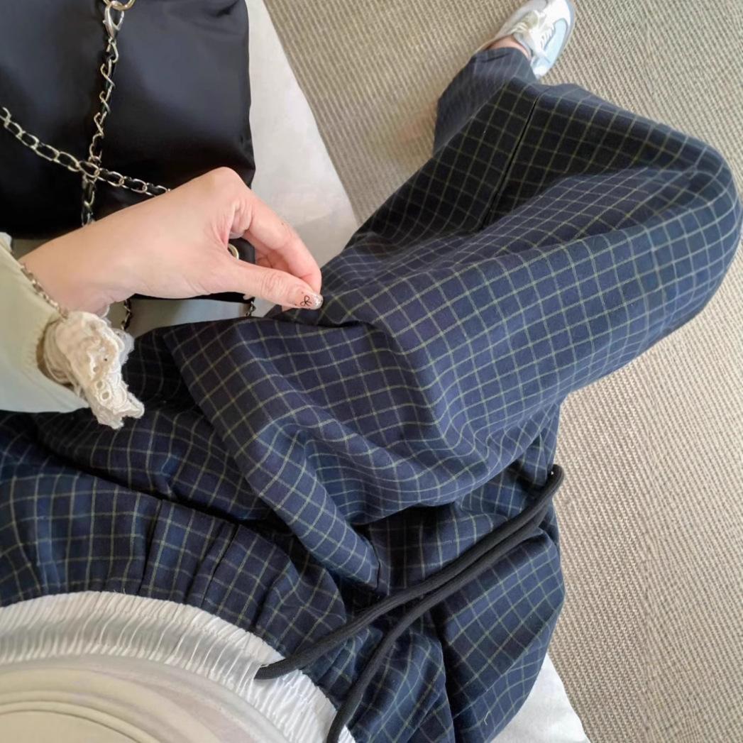 

Women s Retro Plaid Wide-Leg High Waist Pants - Spring Casual Loose Fit Extra Large темно-синього кольору