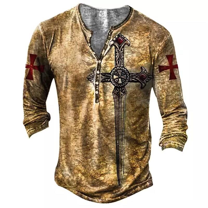 

Винтажная мода Мужские футболки 3D Print Knight Gothic с длинным рукавом Casual Henley Рубашка Оверсайз Топ Футболка Мужчина Панк Пуловер