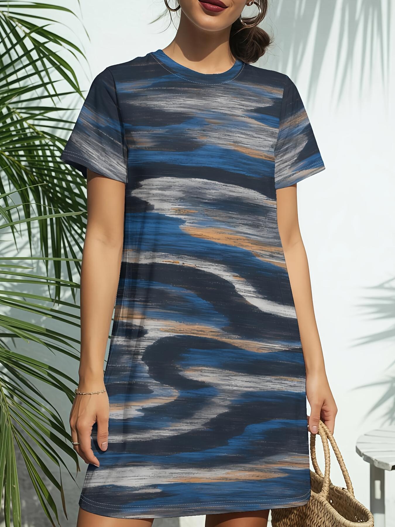 

Blue Wave Water Print New Women S Round Neck Short Sleeve T-Shirt Dress. American Style Trendy Digital Printing. Casual And Versatile for Spring And S L дубильная кора
