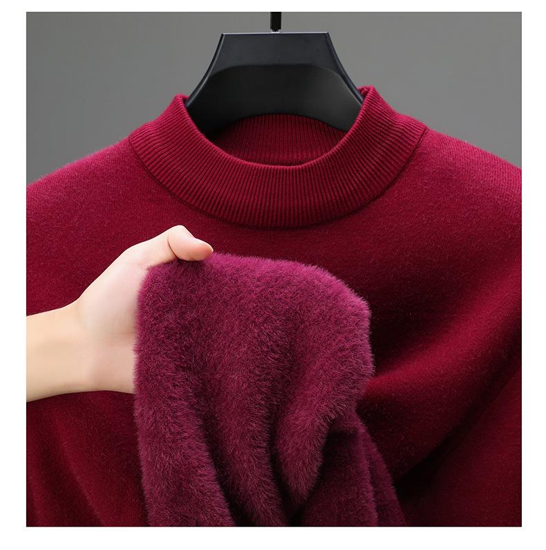 Men's Winter Velvet Fleece Knitwear: Half-High Collar Solid Base Layer Sweater