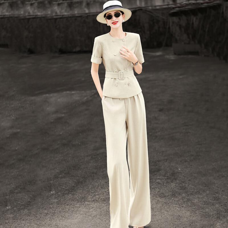 Women s Elegant Double-Breasted Short-Sleeve Top & Wide-Leg Pants Set S абрикосовый