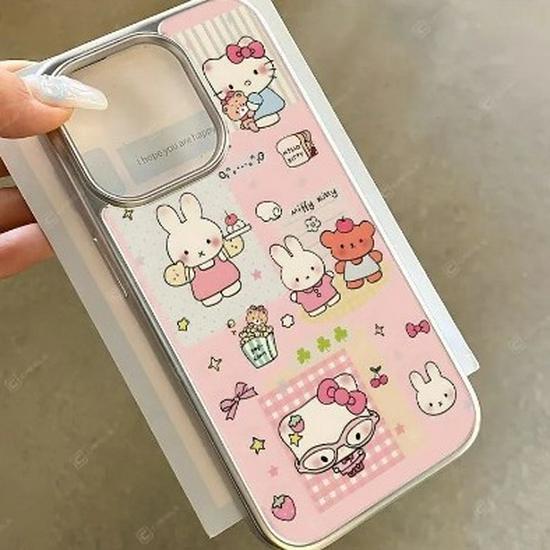 Electroplated Silver Frame Hello Kitty & Miffy Rabbit Case for Apple 17 Pro Max 16 Transparent 15 Simple 14/13 Pro