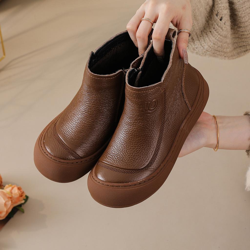 Women's Large Size Soft Sole Winter Warm Non-slip Cowhide Leather Snow Boots Padded Lined Ankle Boots Waterproof Outdoor Sports Cotton Boots