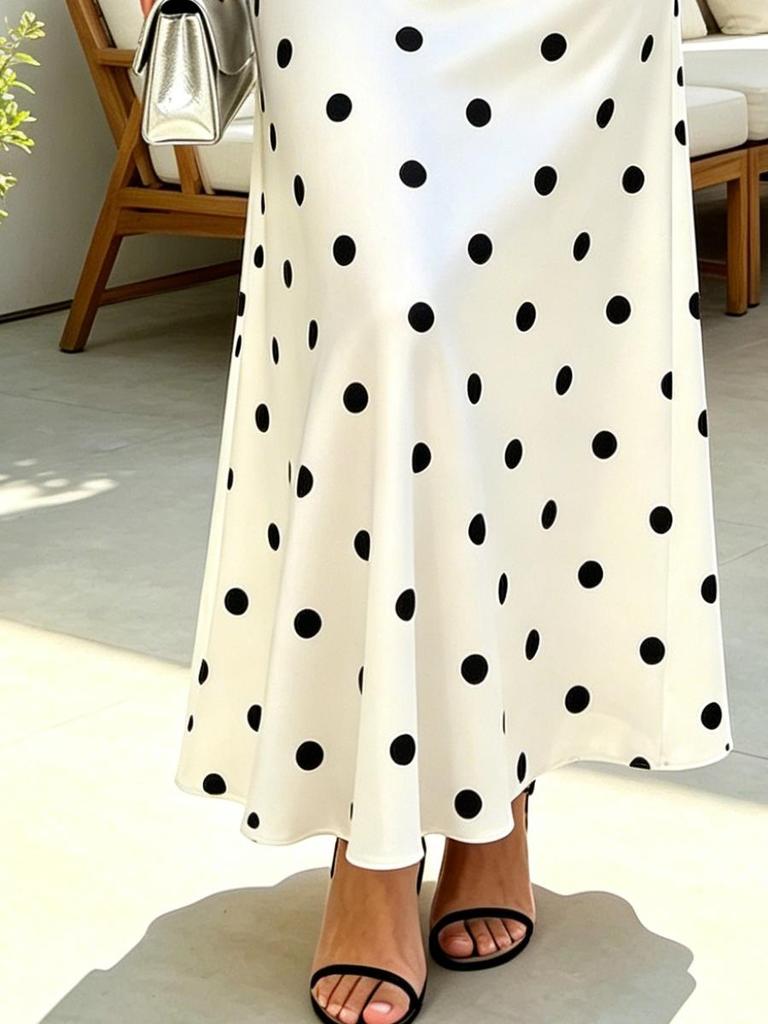 Summer Women's White Black Polka Dot Print V Neck Flutter Sleeve A-Line Maxi Dress Casual Vacation Dress