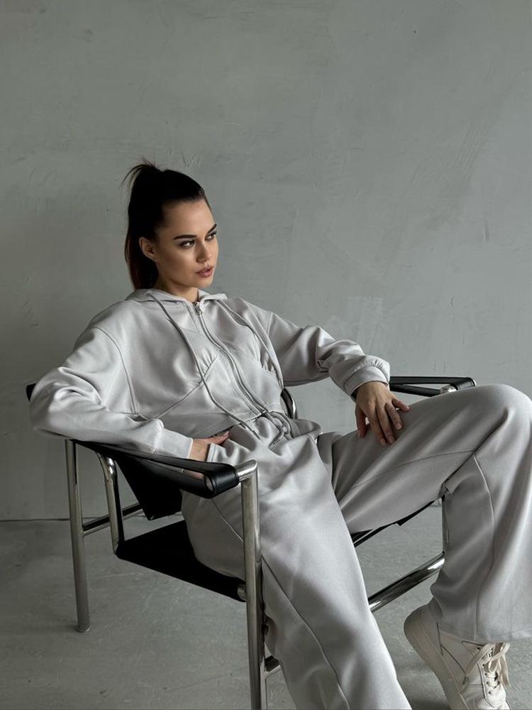 Women's Casual Solid Color Hoodie & Lace-up Pants Two-Piece Set