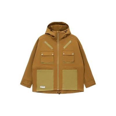 Sport Life Series Multi-Pocket Loose Color-Block Hooded Jacket Men Jacket Dark-Brown Green AJDR525-1