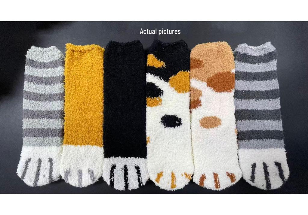 Women's Mid-Calf Coral Fleece Socks: Half-Sided Fleece, Cat Paw Design, Cute & Cozy for Autumn/Winter