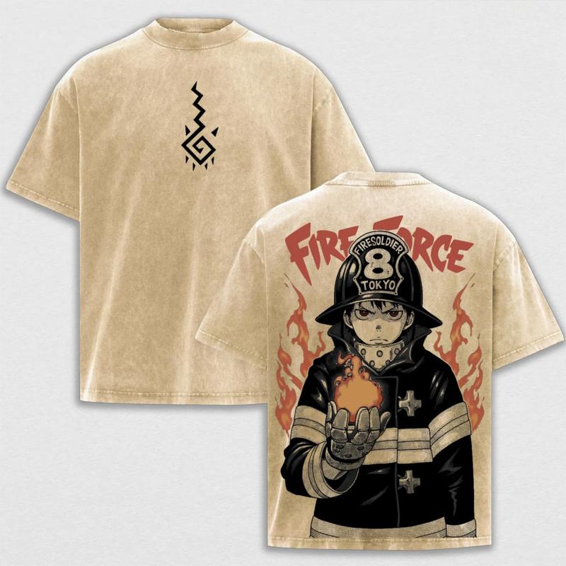 

Shinra Kusakabe Printed Tee Anime Fire Force Clothing Men Retro Washed T-shirts Casual Loose Tshirt Harajuku Male Cotton T Shirt S коричневый