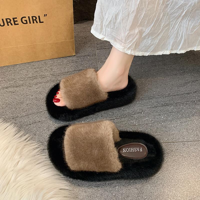 Versatile thick-soled fluffy slippers for women's outer wear 2025 autumn new high-end fashion plush one-word cotton slippers