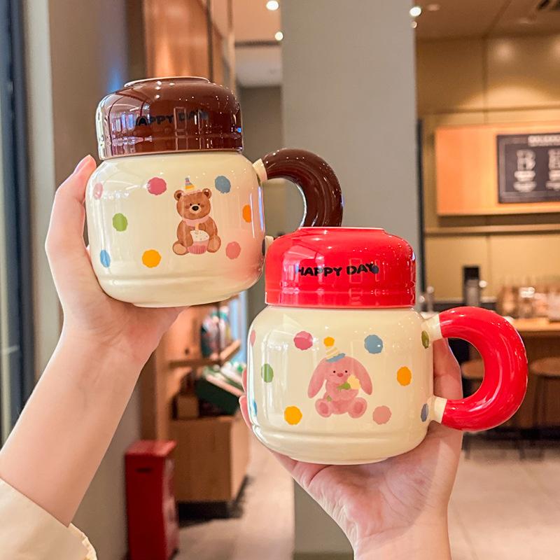 Milk fufu cute bear kettle large capacity ceramic mug with lid spoon couple coffee cup female birthday gift
