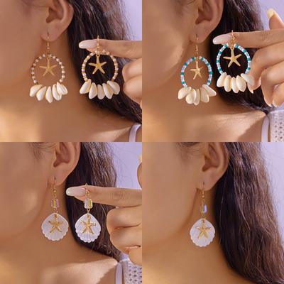Asymmetrische Seestern Muschel Anhänger Ohrringe für Damen, Harz Geometrisch Kreisförmig Retro Beliebt Böhmischer Stil Schmuck Geschenk
