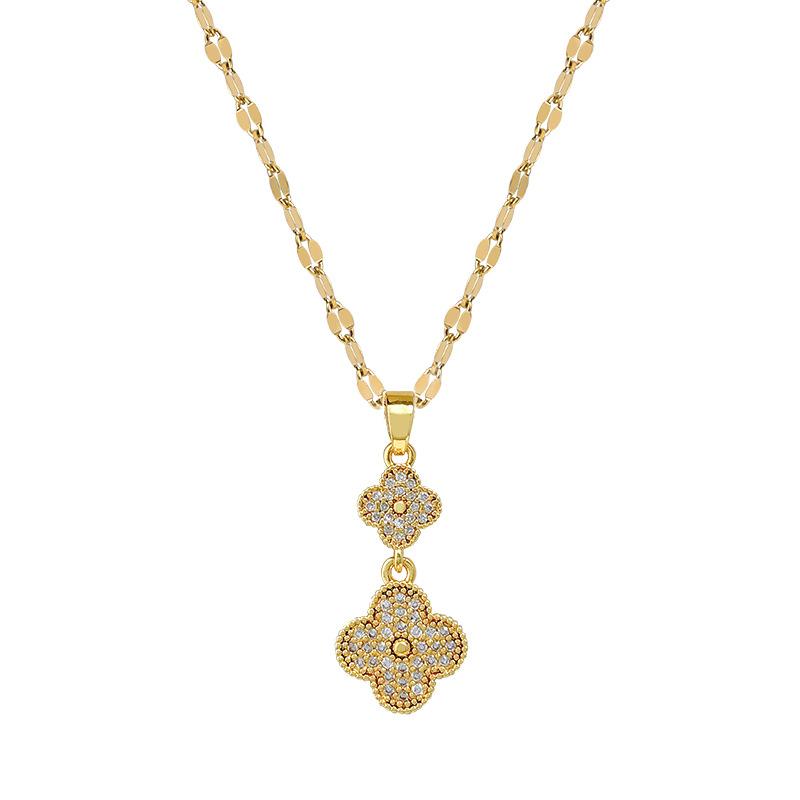 Micro-Inlaid Diamond Four-Leaf Flower Light Luxury Cute Necklace Female Kc Gold Collarbone Chain