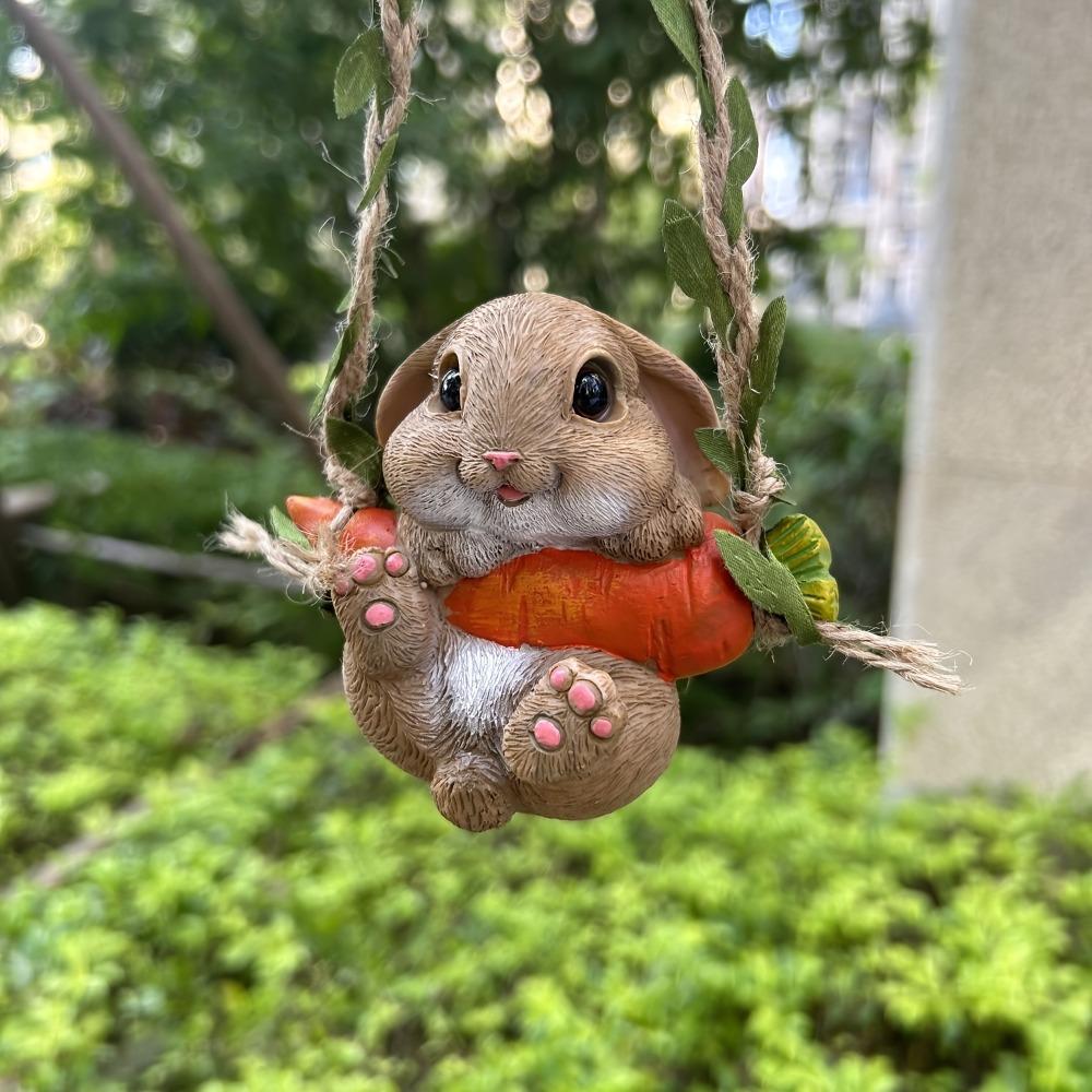 Swing Bunny Garden Statue Resin Sculpture Cute Handpainted Hanging Animal Figurine Decoration for Office Gift Trees Home Rabbit