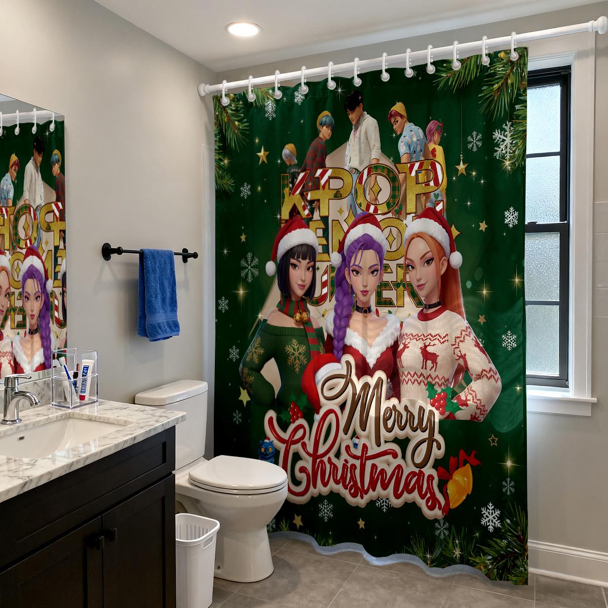 

1 шт. K-pop Охотники на демонов Рождественский принт Водонепроницаемая занавеска для душа Перегородка Конфиденциальность Подвесная занавеска 12 крючков Несколько размеров 90x180cm