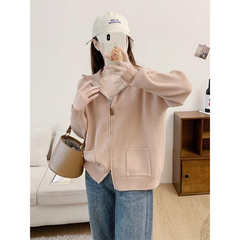 Autumn and Winter New Double Zipper Lapel Knitted Cardigan Women's Solid Color Sweater Jacket Loose Style Top Trendy