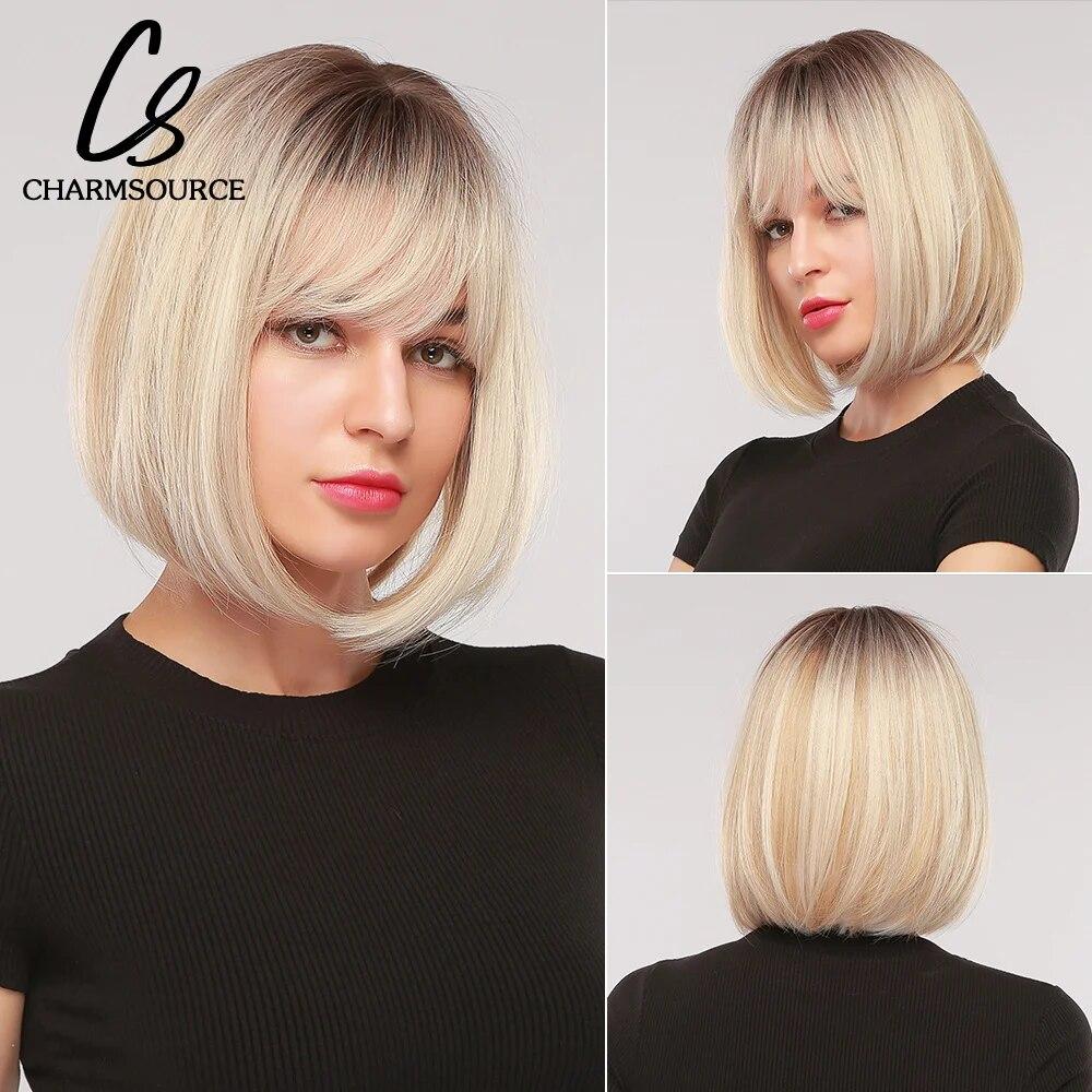 Short Straight Bob Synthetic Wigs with Bangs for Women Brown To Blonde Wig Cosplay Party Daily Heat Resistant Fiber Hair
