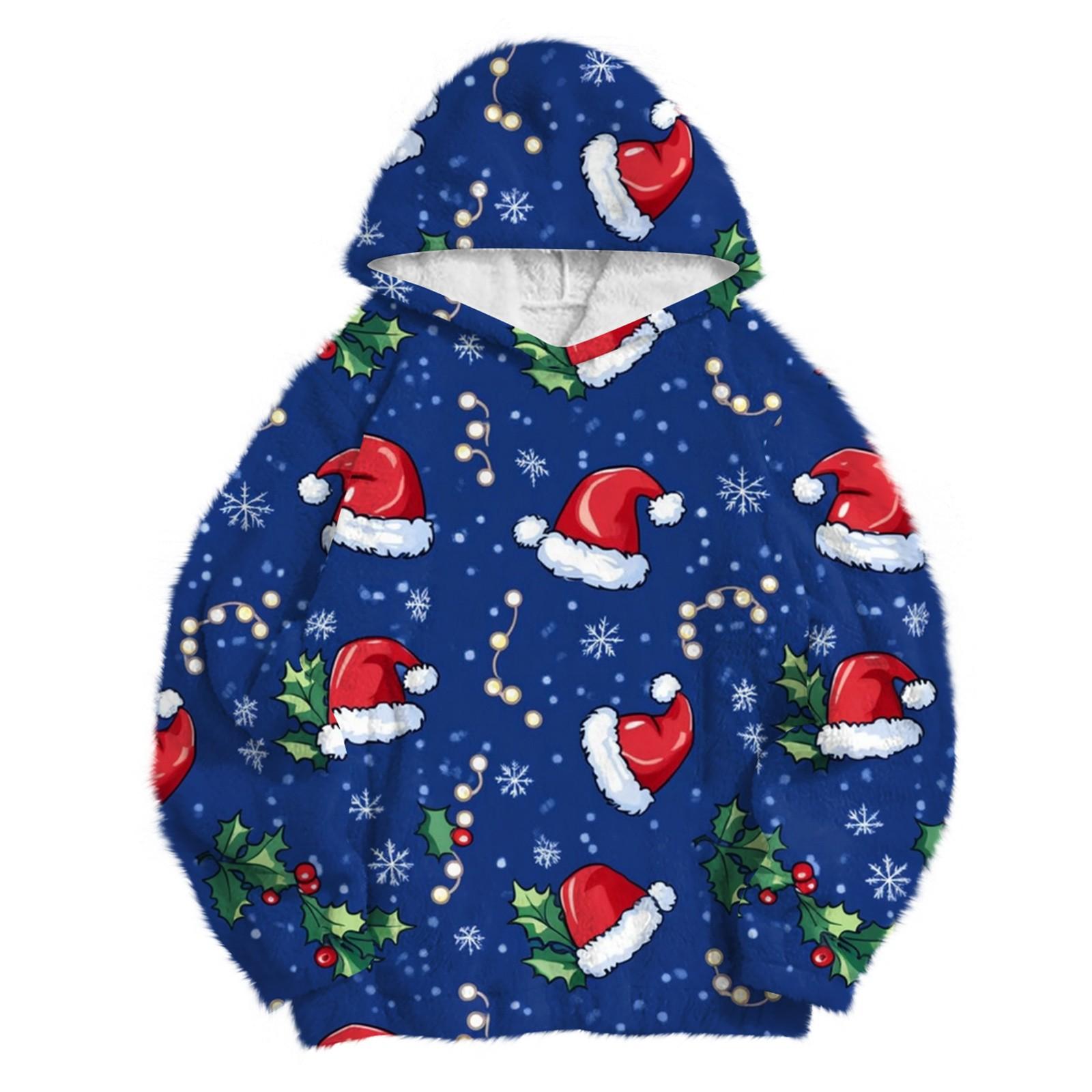 

Женская модная толстовка с капюшоном и заниженной линией плеч с длинным рукавом и рождественским принтом XXL синий