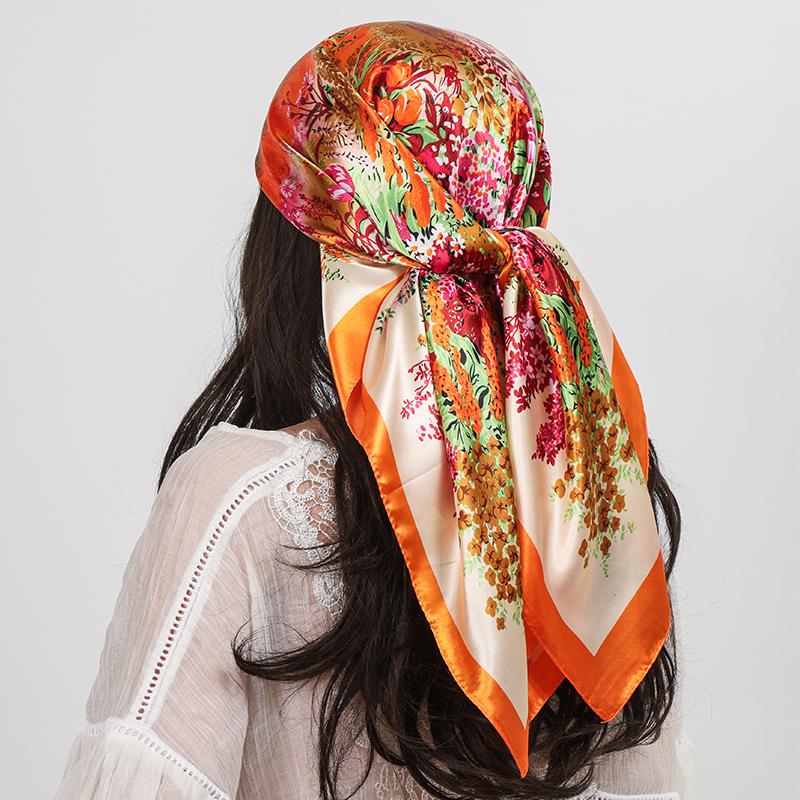 New Silk Square Scarf Women Shawls Wraps Headband Floral Print Scarves Lady Foulard Bandana Scarfs Female Neckerchief 90cm Hijab