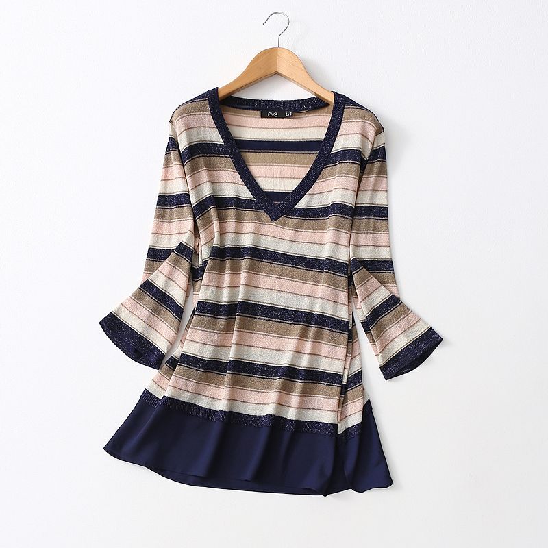 Export Export Chiffon Patchwork Bright Silk Stripes V-neck Sweater Spring & Fall Thin Loose Plus Size Bottoming Shirt Plus Size Ladies