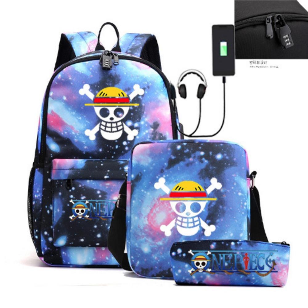 Riman Zaino con lucchetto USB ONE PIECE borsa a tracolla borsa da scuola per studenti astuccio set da tre pezzi uomo e donna