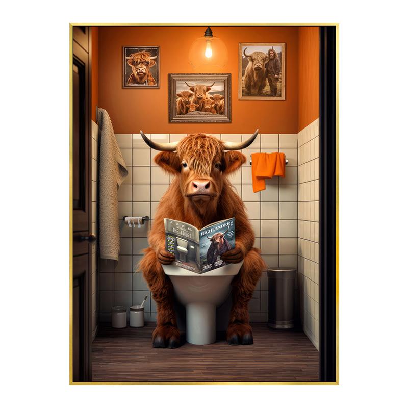 Смешная Шотландская Корова Шимпанзе Собака Постер Туалет Ванная Комната Декор Животное Читает Газету Холст Картина Настенное Искусство Картинки Домашний Декор 20x30cm