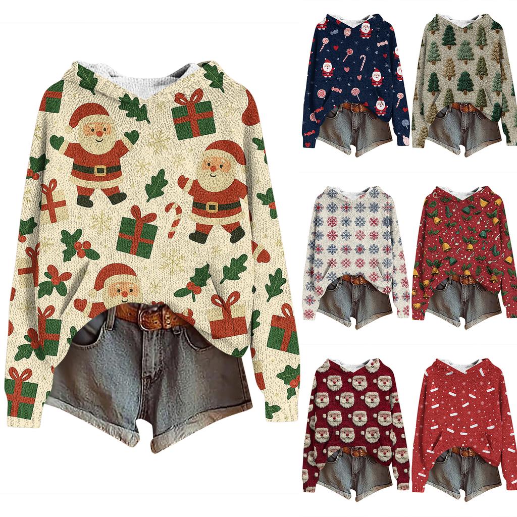 Women's Fashion Casual Long Sleeve Christmas Print Hooded Knitted Sweatshirt