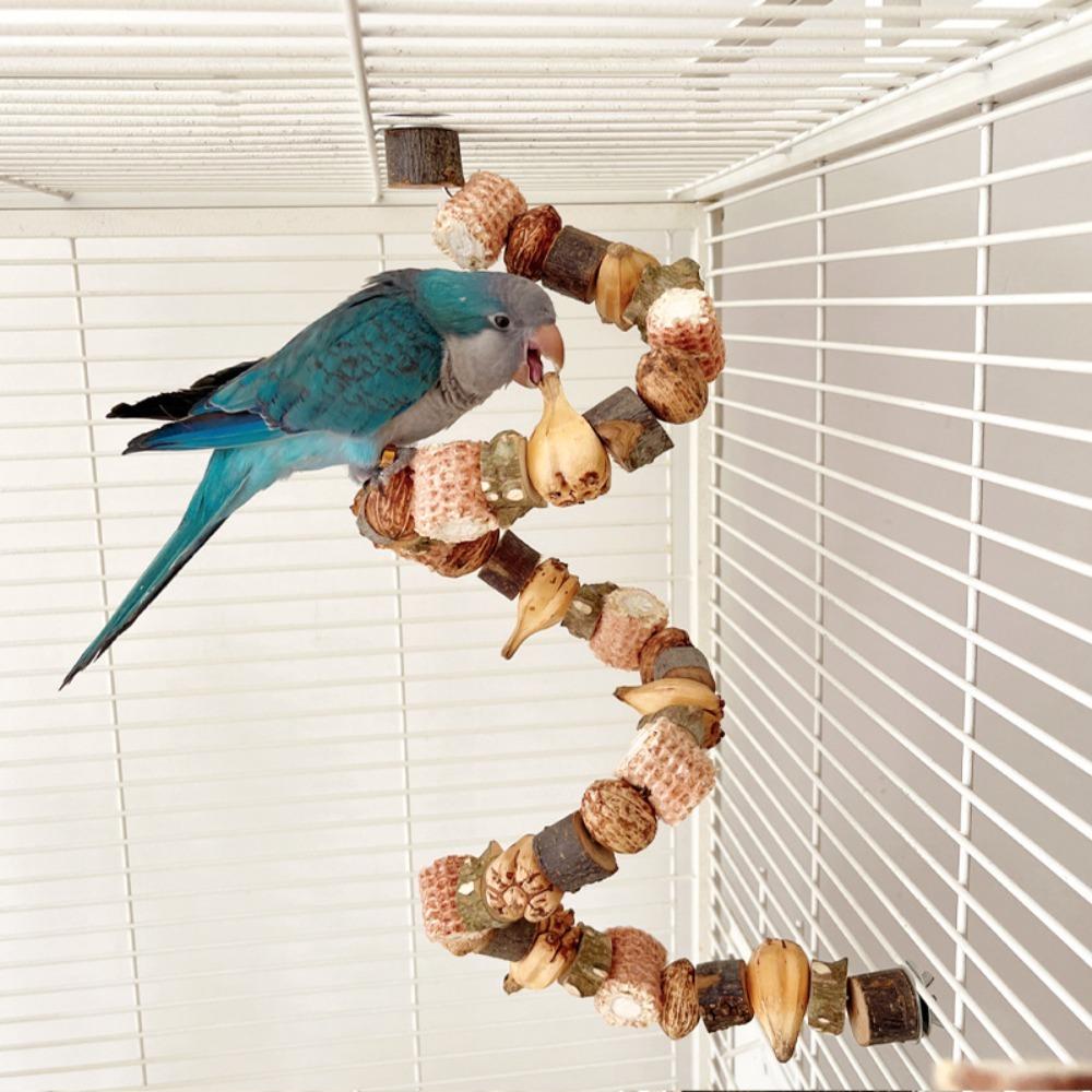 Spiral Bird Perch Climbing Rope Toy - Natural Wood Parrot Chewing Toy for Cage, Flexible Shredding Toy for Budgies Conures Cockatiels, Wood Color
